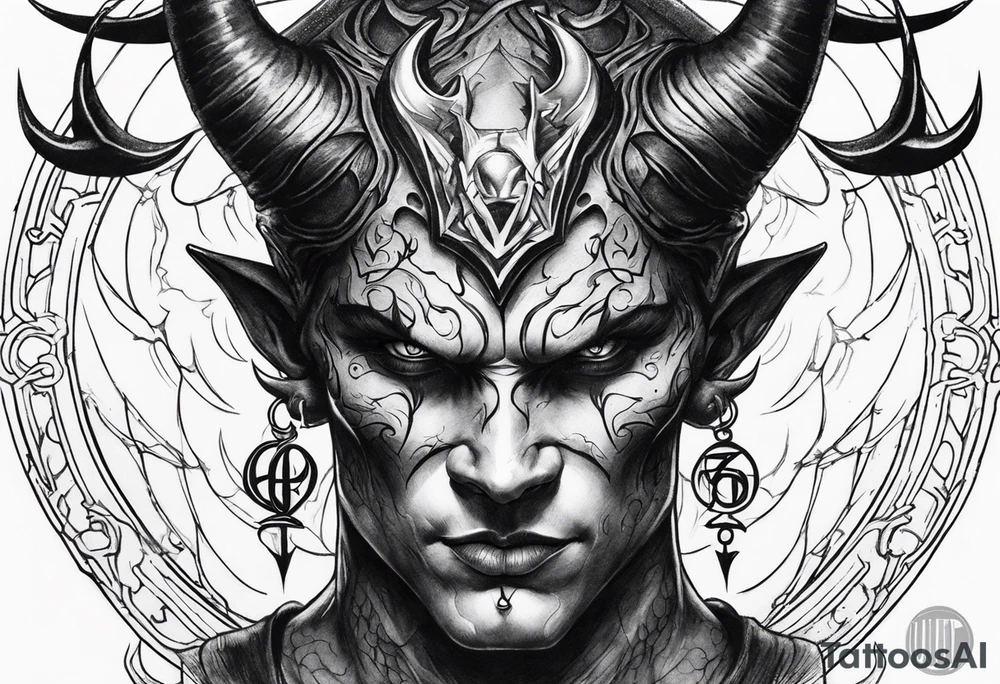 Devil face with a phyrexian symbol on the forehead tattoo idea