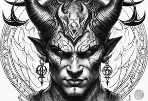 Devil face with a phyrexian symbol on the forehead tattoo idea