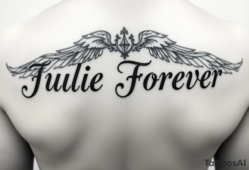 The name Julie Forever spelling in an angelic font and style. Tattoo will be placed on bottom leg. tattoo idea
