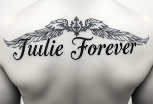 The name Julie Forever spelling in an angelic font and style. Tattoo will be placed on bottom leg. tattoo idea