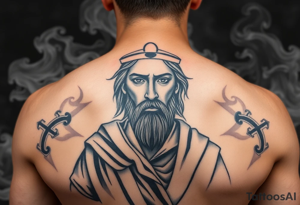 Saint judas realistic and smoke background tattoo idea