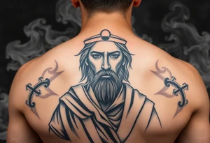 Saint judas realistic and smoke background tattoo idea