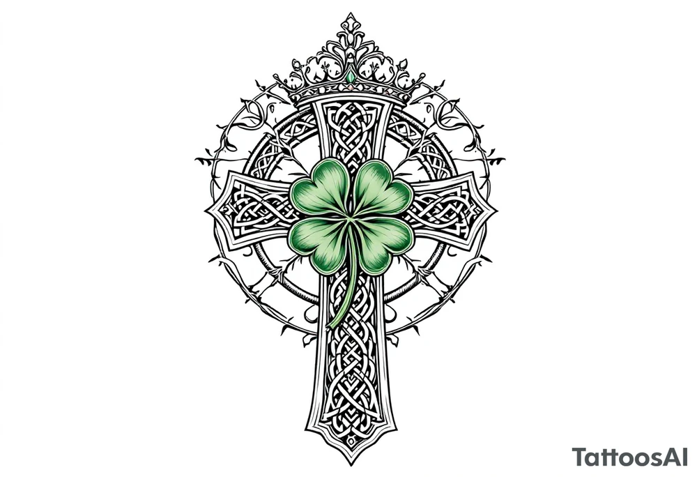 Masculine Celtic cross tattoo featuring intricate knotwork patterns along the arms and base of the cross. At the heart of the cross, place a vibrant four-leaf clover, its leaves shaded with subtle gradients of green, symbolizing luck and unity. Above the cross, incorporate a regal crown adorned with ornate details, such as small gemstones or filigree, to signify authority and strength. Behind the cross add more celtic knots and a celtic tree of life tattoo idea