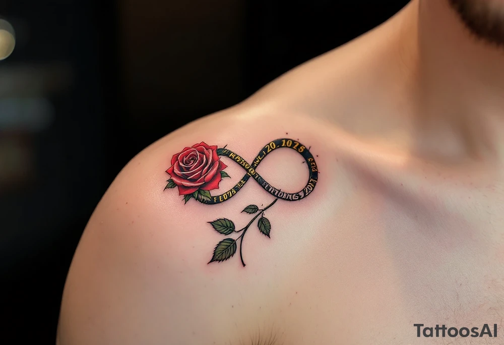 Description: A detailed rose with its stem forming an infinity symbol, with the couple’s wedding date beautifully incorporated into the design. Red rose with green leaves, gold for the infinity symbol, and black for the date. tattoo idea