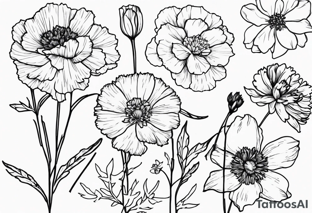 Carnations, aster, daffodil, poppy, hawthorn, larkspur tattoo idea