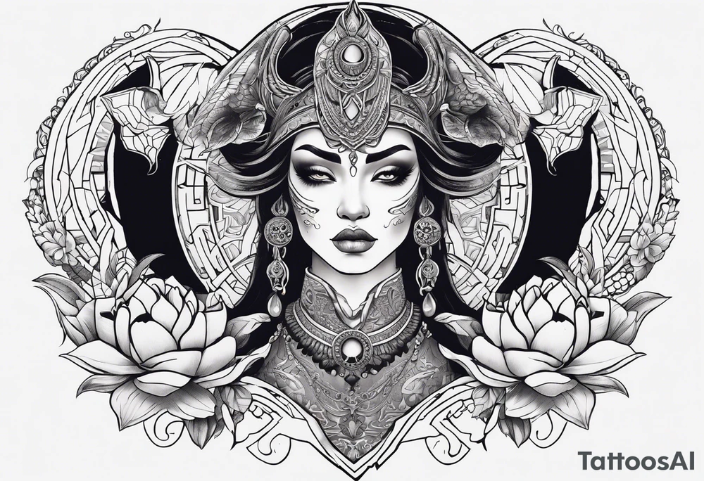 kali ma, alien goddess, valkrye, aries, pirate, divine feminine, zenza resonance, pachamama, lotus azul, blank panther, eagle, skull, 5D, nueva gaya, dna 12, left side chest tatoo tattoo idea