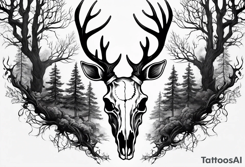 A side view of a decayed deer skull with no skin JUST BONE surrounded by trees and fire tattoo idea