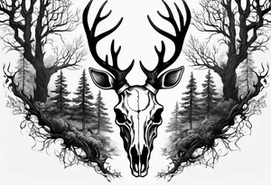 A side view of a decayed deer skull with no skin JUST BONE surrounded by trees and fire tattoo idea