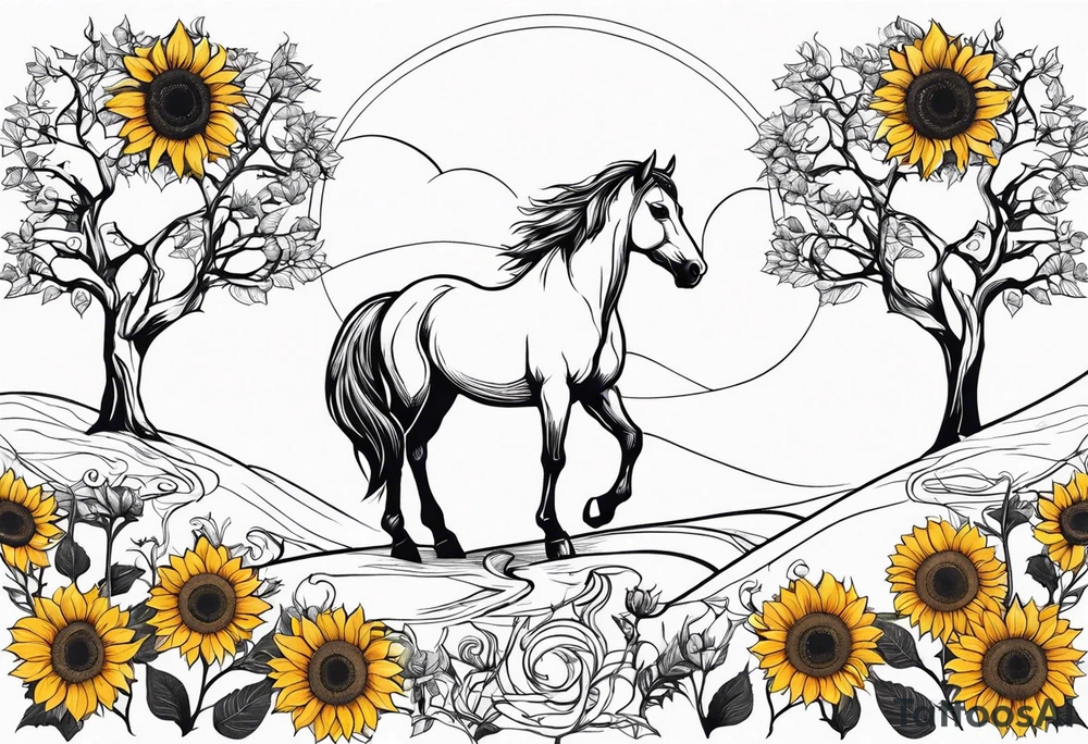 Yggdrasil tree, horse in front of it, and sunflowers tattoo idea