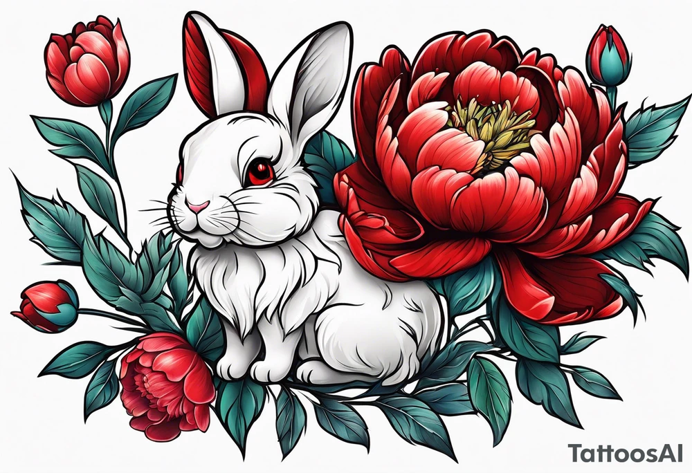 Red peony with tiny cute rabbit tattoo idea