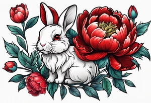 Red peony with tiny cute rabbit tattoo idea