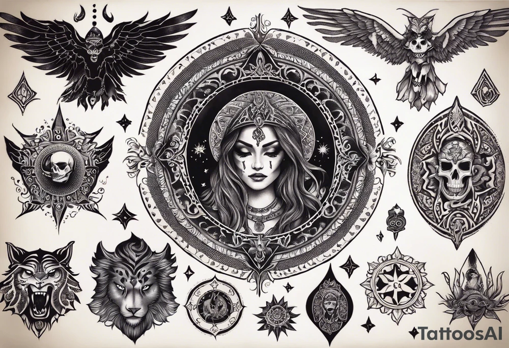 black kali, goddess pirate, alien, angel, pachamama, valkrye, warrior, flying, skull, lotus azul, wing, eagle, zenza resonance, stars, 5D, anahata chakra, death, durga, riding on a tiger, flying lady, kundalini, chest tatoo tattoo idea