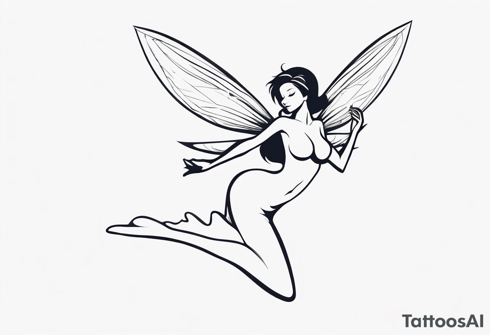 Minimalistic, monochromatic fairy with a tail flying to the left in a fetal position, leaning and looking in the same direction, with visible hands, embodying the 'Fairy Tail' logo aesthetic. tattoo idea