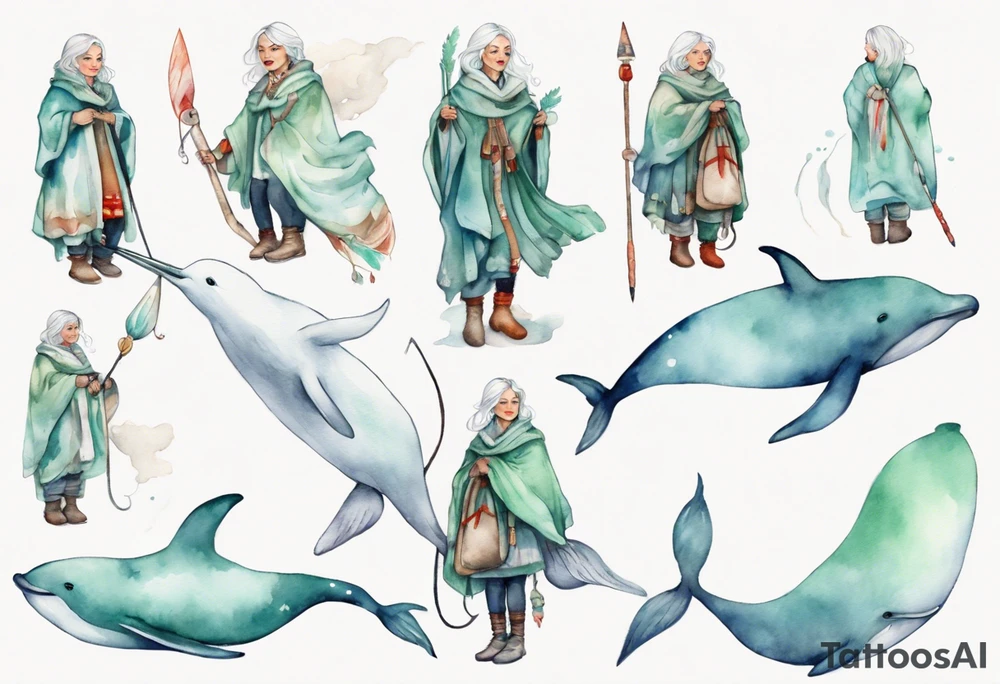 a 45-year-old Sami woman with white  hair wearing a white and mint cloak riding on the back of a narwhal tattoo idea