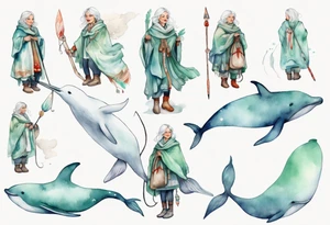 a 45-year-old Sami woman with white  hair wearing a white and mint cloak riding on the back of a narwhal tattoo idea