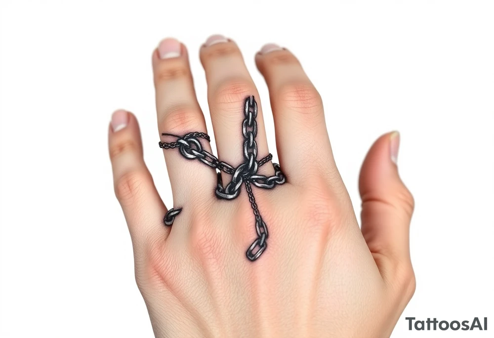 Chains intertwined around fingers going up to the thumb and index finger and connecting tattoo idea
