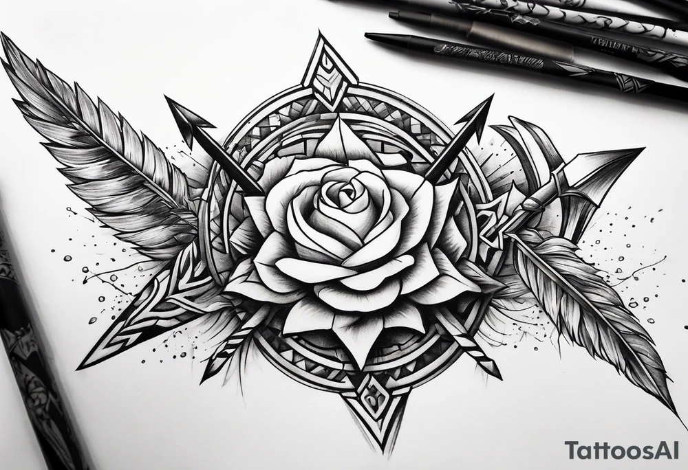 cartoonish style. with three different style of bow arrows crossing each other at the near center of the tattoo. Representing strength and power. tattoo idea