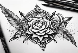 cartoonish style. with three different style of bow arrows crossing each other at the near center of the tattoo. Representing strength and power. tattoo idea