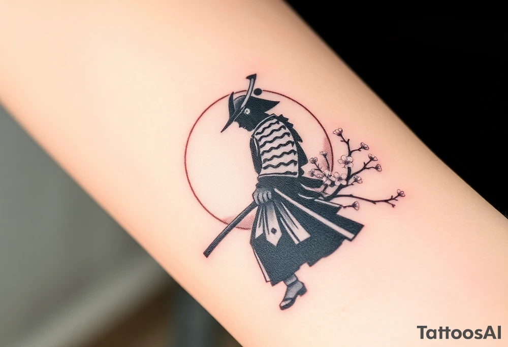noble samurai warrior silhouette at sunset with cherry blossoms tattoo idea