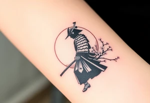 noble samurai warrior silhouette at sunset with cherry blossoms tattoo idea