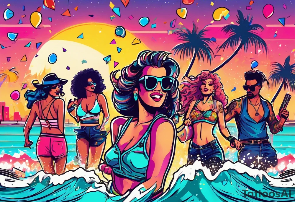 1980's style dance party with boom box and confetti in a beach theme. include people in 80's miami beach clothes, music note. tattoo idea