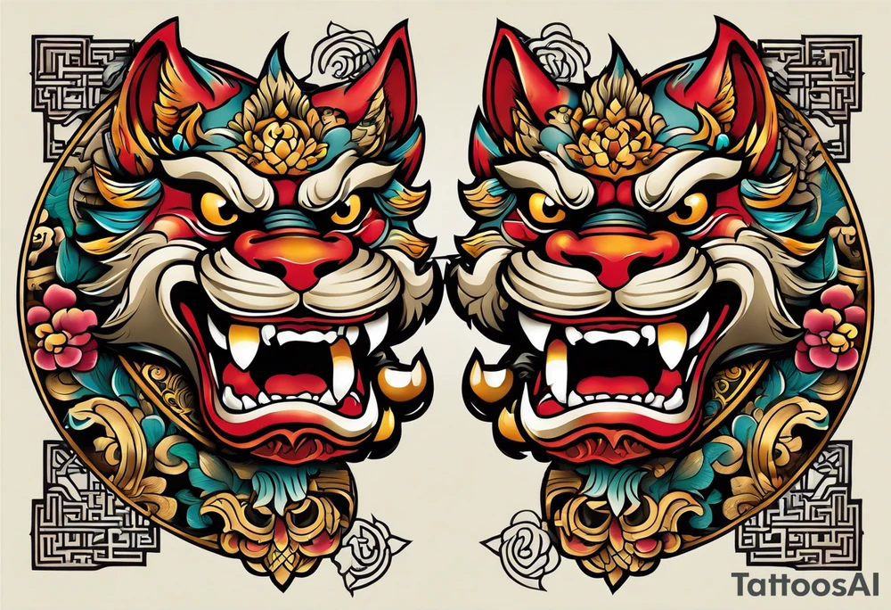 Okinawa style pair of shisa dogs, one with open mouth, one with closed mouth, chest/pecs, Yakuza style, old school tattoo idea