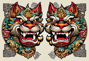 Okinawa style pair of shisa dogs, one with open mouth, one with closed mouth, chest/pecs, Yakuza style, old school tattoo idea