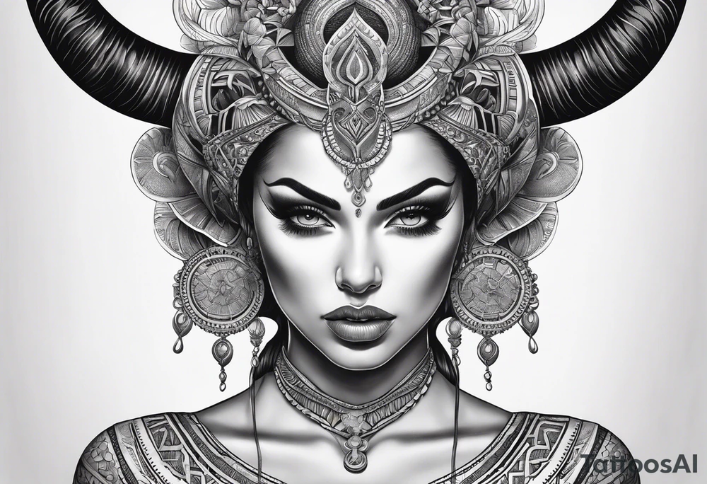 symmetrical woman head with curved horns facing downwards dark realism looking front facing view, ultra-detailed, high quality, high sharpness, hyper-realism, hyper-photorealistic, hyper-realistic tattoo idea