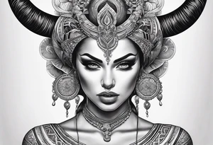 symmetrical woman head with curved horns facing downwards dark realism looking front facing view, ultra-detailed, high quality, high sharpness, hyper-realism, hyper-photorealistic, hyper-realistic tattoo idea