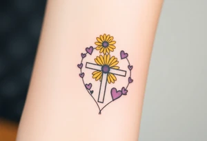 Yellow daisy Purple Hearts around a cross tattoo idea