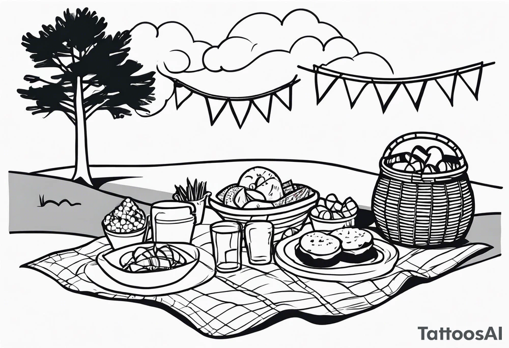picnic scene by two trees on a with a sheckers blanket, basket, pillows and party pennants. Thin lines. tattoo idea