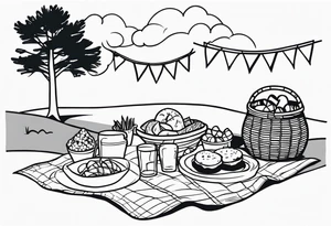 picnic scene by two trees on a with a sheckers blanket, basket, pillows and party pennants. Thin lines. tattoo idea