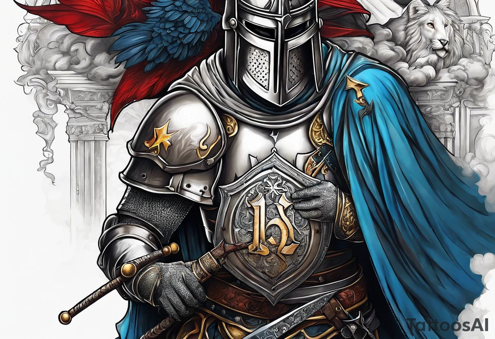 a blind man being protected by a knight holding the bible tattoo idea