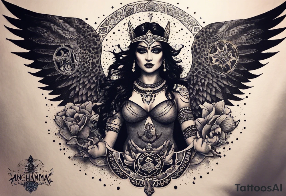 black kali, goddess pirate, alien, angel, pachamama, valkrye, warrior, flying, skull, lotus azul, wing, eagle, zenza resonance, stars, 5D, anahata chakra, death, durga, riding on a tiger, flying lady, chest tatoo tattoo idea