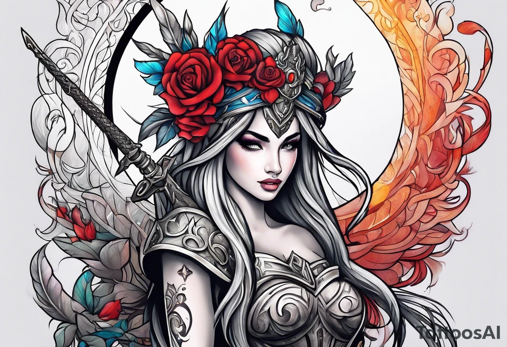 A feminine mythical creature holding a weapon tattoo idea