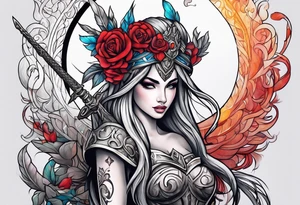 A feminine mythical creature holding a weapon tattoo idea