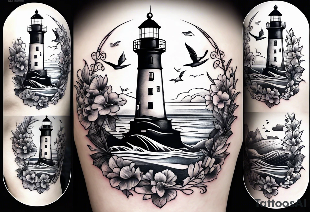 Lighthouse on a beach with a whale's tail sticking out of the water of the ocean with a border containing an anchor and orchids tattoo idea