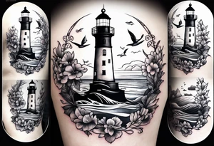 Lighthouse on a beach with a whale's tail sticking out of the water of the ocean with a border containing an anchor and orchids tattoo idea