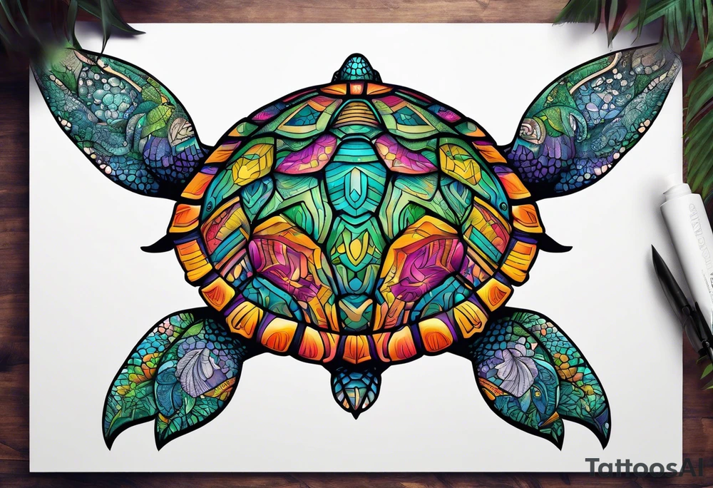 tropical psychedelic turtle's back, top down view, as seen from above tattoo idea