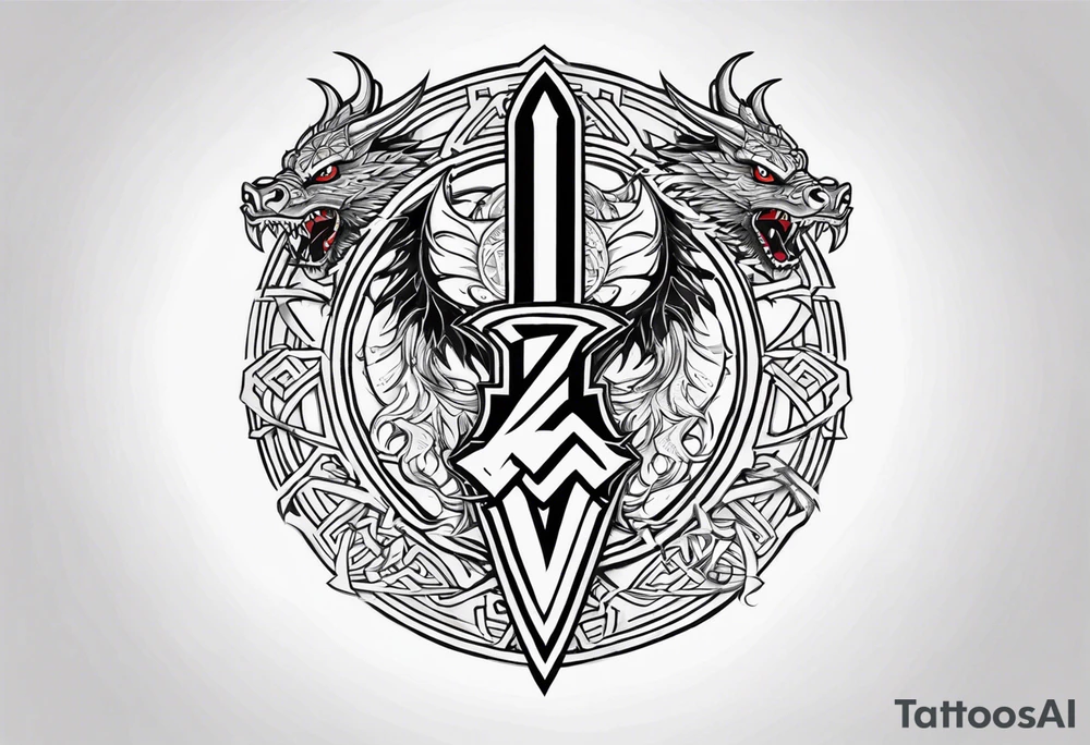 Valhalla sword shield dragon axe Valknut tattoo idea