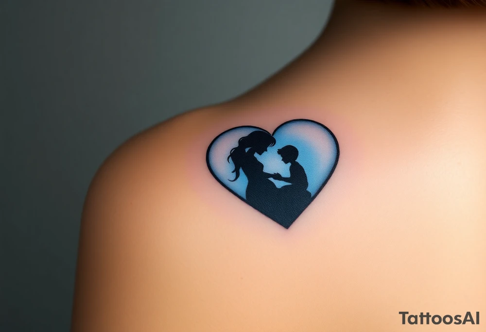 A mother and child shadow inside a heart-shaped puzzle piece, in black and white with a subtle blue glow tattoo idea