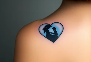 A mother and child shadow inside a heart-shaped puzzle piece, in black and white with a subtle blue glow tattoo idea