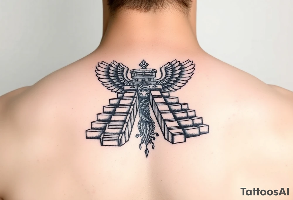 Quetzalcoatl Aztec pyramid treasure black and white tattoo idea