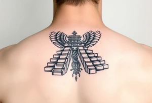 Quetzalcoatl Aztec pyramid treasure black and white tattoo idea