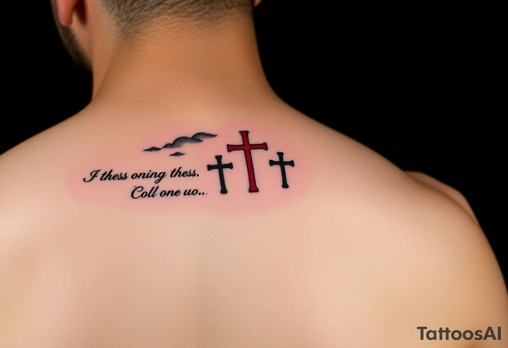 Red and black ink  tattoo on left inner arm with bible verse the background faint clouds and 3 crosses one red in the middle under a chosen wrist tattoo before the hand/palm tattoo idea