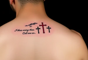 Red and black ink  tattoo on left inner arm with bible verse the background faint clouds and 3 crosses one red in the middle under a chosen wrist tattoo before the hand/palm tattoo idea