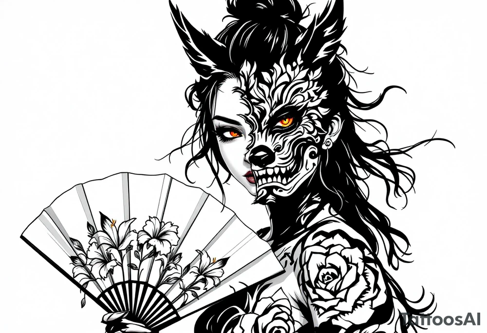 Woman samurai with red eyes wearing an half and broken kitsune mask, holding katana and japanese fan with Iris flowers tattoo idea