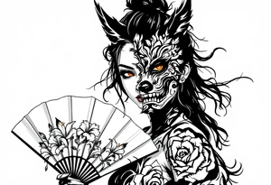 Woman samurai with red eyes wearing an half and broken kitsune mask, holding katana and japanese fan with Iris flowers tattoo idea