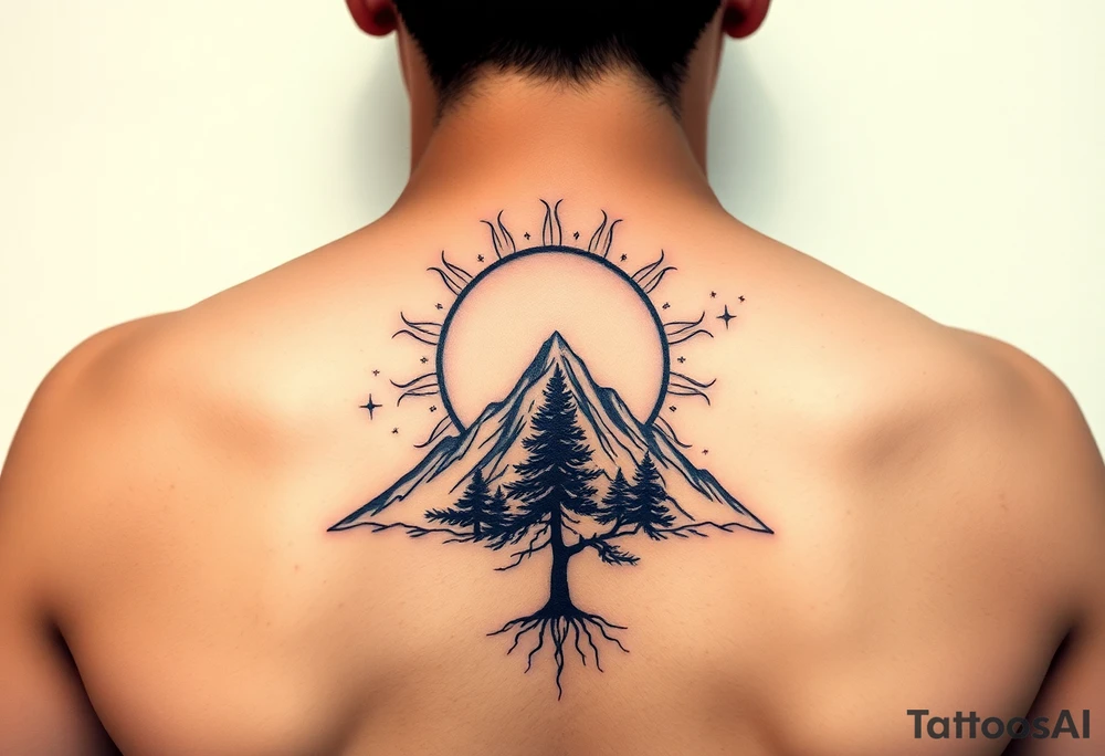 sun, moon, stars, mountain, tree
太陽、月、星、木 tattoo idea