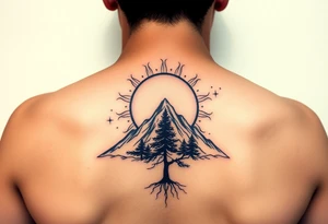 sun, moon, stars, mountain, tree
太陽、月、星、木 tattoo idea